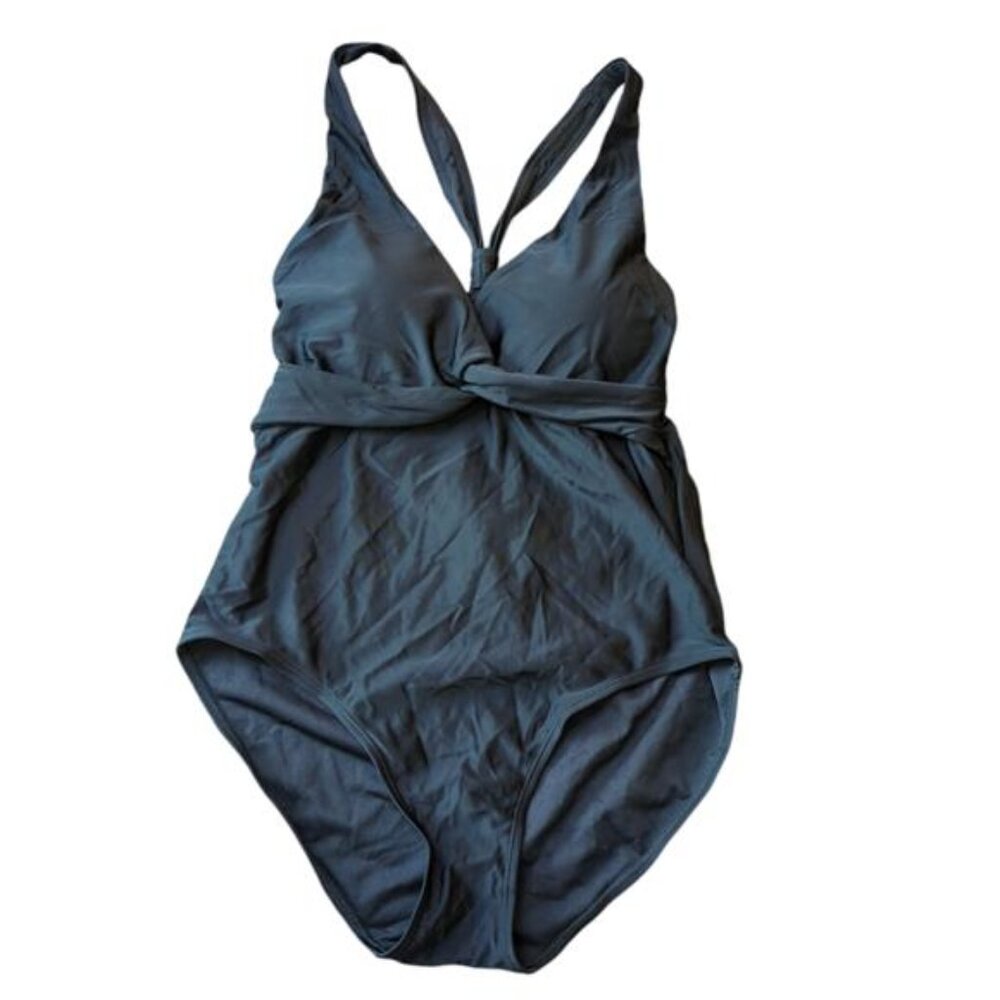 NEW Black Twist Front V-Neck One Piece Swimsuit Women's L